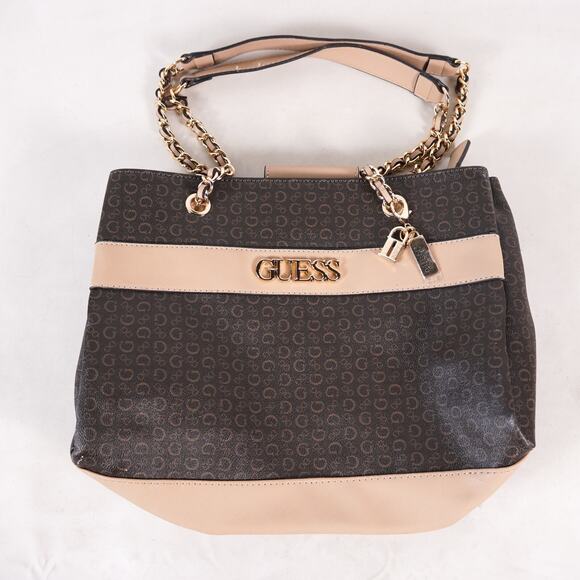 Guess Messenger Bag Satchel Shoulder Handbag Purse Chain Strap Tote Tan Brown - Picture 1 of 16